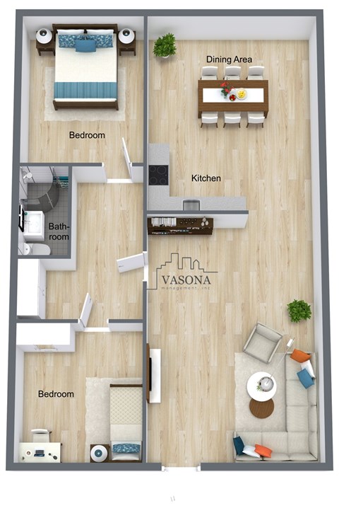A floor plan of a residence with a dining area, kitchen, and two bedrooms.